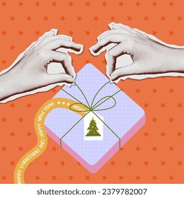 Halftone collage art banner, hands opening a Christmas gift. A hands opens a bright beautifully packaged present box. Fashionable retro colors, palm gesture, beautiful packaging. Vector