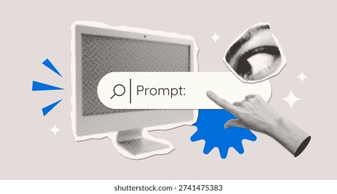 Halftone Collage of Artificial intelligence and digital technology. Hand gesturing index finger, eye, monitor and prompt bar . AI powered search engine. Generate content. Mixed media vector design