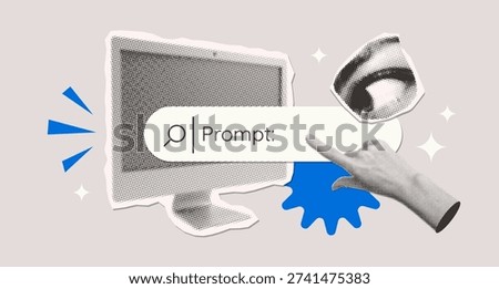 Halftone Collage of Artificial intelligence and digital technology. Hand gesturing index finger, eye, monitor and prompt bar . AI powered search engine. Generate content. Mixed media vector design