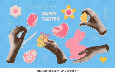 Halftone Collage artwork torn paper stickers set for invitation. card. brochure with female hands holding painted eggs, flower and bunny silhouette. Vector y2k sticker collection.