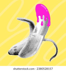 Halftone collage of banana on a yellow background with pink glaze. Vector element cut from magazine, pop art illustration.