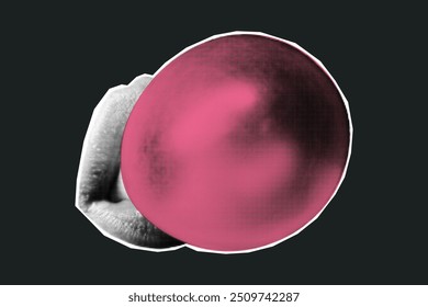 Banner colagem de meio-tom, cortar boca de jornal com chiclete rosa. Lábios de papel, elemento feminino em fundo escuro, estilo Y2K retrô.
