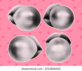 Halftone collage banner, cut out newspaper mouths blowing bubbles from bubble gum. Paper lips, girly elements on pink background in heart, cute.