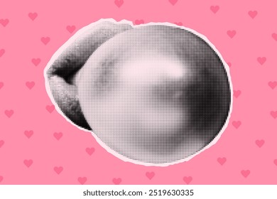 Anuncio de collage de semitono, cortado de la boca del cargador con goma de mascar. Labios de papel, elemento femenino sobre fondo rosa con corazones, estilo retro pop art.