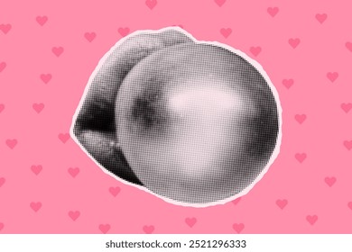 Anuncio de collage de semitono, cortado de la boca del cargador con goma de mascar. Labios de papel, elemento femenino sobre fondo rosa con corazones, estilo retro pop art, lindo.
