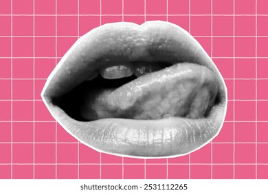 Halftone collage banner, cut out from newspaper open mouth with tongue hanging out. Paper lips, girly elements on pink checkered background, doodle curved lines.