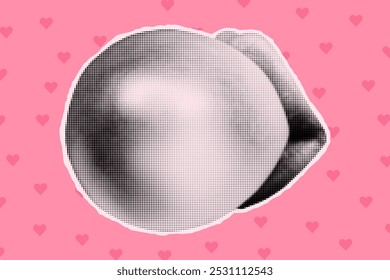 Banner colagem de meio-tom, recortado da boca feminina revista com chiclete. Lábios de papel, elemento feminino no fundo rosa com corações, estilo de arte pop retro, bonito.