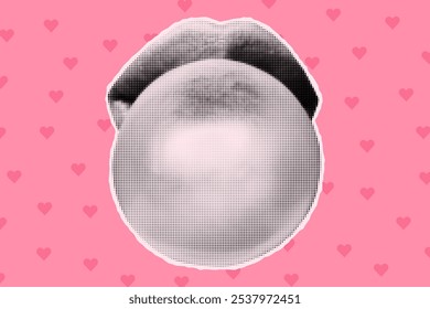 Halftone collage banner, cut out from magazine female mouth with bubble gum. Paper lips, girly element on pink background with hearts, vintage pop art style.