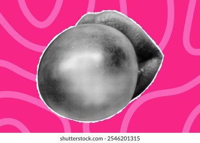 Halftone collage banner, cut out newspaper mouth with bubble gum. Paper lips, girly element on bright pink background, doodle lines, retro pop art style.