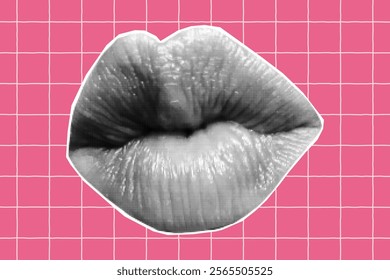 Halftone collage banner, cut out from newspaper closed mouth, kiss. Paper lips, girly element on pink checkered background, doodle curved lines.