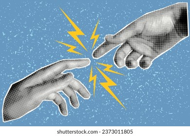 Halftone collage banner gestures of two hands and lightning between them on a blue textured background. Spark between people, relationship concept, trendy retro colors.