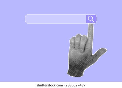 Halftone collage banner, hand gesture pointing to search bar on purple background. Pop art illustration, internet, magnifying glass.