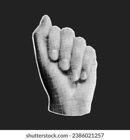 Halftone collage banner hand gesture, palm clenched into a fist on a dark background. Paper cut retro element.