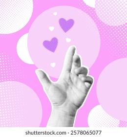 Halftone collage banner, hand with hearts. Purple backdrop for Valentine`s Day. Modern y2k paper cut out elements