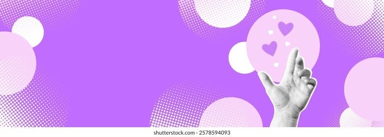 Halftone collage banner, hand with hearts. Purple backdrop for Valentine`s Day. Modern y2k paper cut out elements