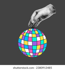 Halftone collage banner, hand holding disco ball drawn in flat style on gray background. Cut out element, pop art illustration.