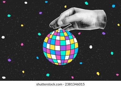 Halftone collage banner, hand holding disco ball drawn in flat style. Dark background, rainbow highlights, pop art illustration.