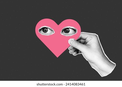 Banner de collage de semitono, mano sosteniendo el corazón rosado con los ojos. La revista cortó elementos de papel sobre un fondo oscuro texturado. Amor, Día de San Valentín, romance.