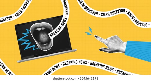 Halftone collage banner with hand, mouth that speaks from laptop screen and strip with text - breaking news. Halftone poster with collage elements. Concept of news, social media. Vector illustration.