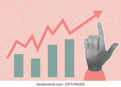 Halftone collage banner, hand pointing gesture, graph and arrow on pink textured background. Concept of growth, economy, business. Infographics in pop art style.