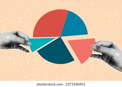 Halftone collage banner, hands and diagram. Retro colors, paper cut elements, concept of business, saving, finance.