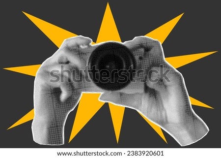 Halftone collage banner, hands holding camera against yellow explosion and dark background. Elements cut out from a magazine, photographer, flash.