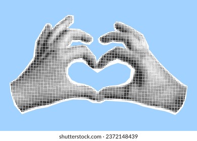 Halftone collage banner, hands making heart gesture on blue background. Cute pop art banner, symbol of love with palms.