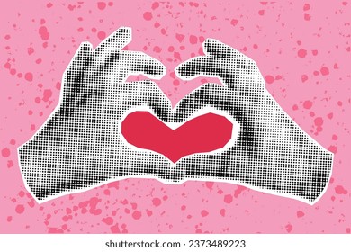Halftone collage banner, hands making heart gesture on pink textured background. Cute pop art banner, red love symbol with palms.