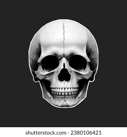 Halftone collage banner, human skull on a dark background. Magazine cut out element, pop art poster, creepy decor.