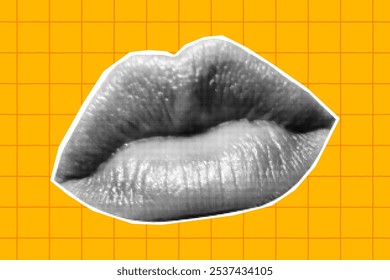 Halftone collage banner, lips on yellow checkered background. Paper element cut out from newspaper, statement, dialogue.