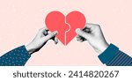 Halftone collage banner, male and female hands holding puzzles in the shape of heart halves. Magazine cut out paper elements, concept of finding your soulmate.