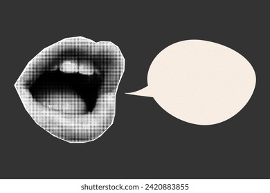 Halftone collage banner with open mouth and speech bubble in retro colors. Paper cut elements, lips, pop art style, place for text.