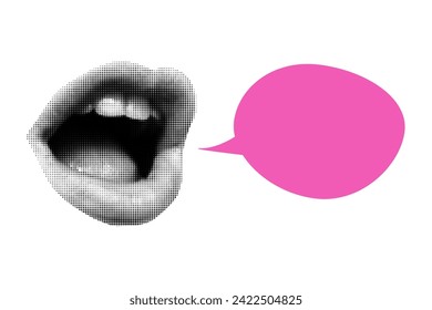 Halftone collage banner with open mouth and speech bubble in bright pink color. Paper cut elements, lips, pop art style, place for text.