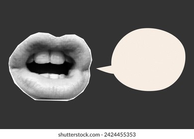 Halftone collage banner with open mouth and speech bubble in retro colors. Paper cut elements, lips, pop art style, place for text, news.