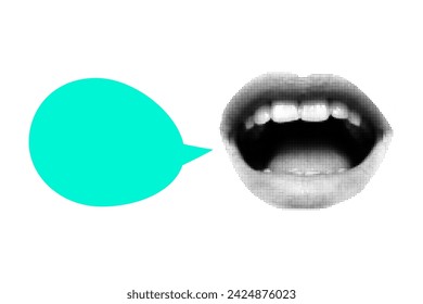Halftone collage banner with open mouth and speech bubble in bright green color. Paper cut elements, lips, pop art style, place for text.