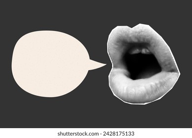 Halftone collage banner with open mouth and speech bubble in retro colors. Elements cut from newspaper, lips, pop art style, place for text.