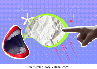 Halftone collage banner with open mouth, hand and speech bubble. Paper cut elements, lips, pop art style, place for text.