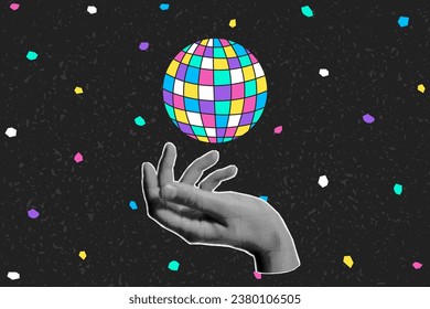 Halftone collage banner, palm and disco ball floating in the air in flat style. Dark background, rainbow highlights, pop art illustration.