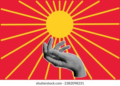 Halftone collage banner, the palm holds the sun with long rays on a red background. Fashionable pop art poster.