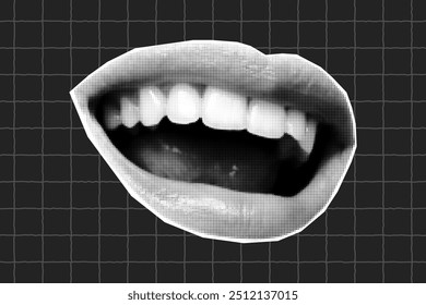 Halftone collage banner, paper cut open smiling mouth. Grunge vintage newspaper sticker, dotted texture element on dark checkered background.