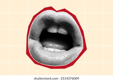 Halftone collage banner, paper cut talking open mouth. Magazine sticker with red border, modern art, element for decor, poster. Textured element on beige background.