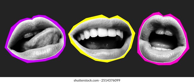 Banner colagem de meio-tom, bocas de corte de papel com emoções diferentes. Adesivos de revista com borda neon multicolorido, arte moderna, elementos para decoração, cartaz.
