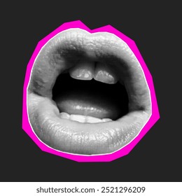 Halftone collage banner, paper cut talking open mouth. Magazine sticker with neon pink border, modern art, element for decor, poster. Textured element on dark background.