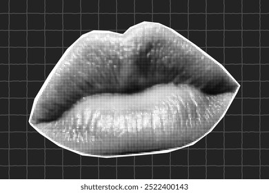 Halftone collage banner, paper cut lips, mouth. Grunge modern newspaper sticker, dotted texture element on dark checkered background.