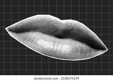 Halftone collage banner, paper cut lips, mouth. Grunge vintage newspaper sticker, dotted textured element on dark checkered background.