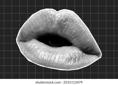 Halftone collage banner, paper cut lips, playful mouth, blowing. Grunge modern newspaper sticker, dotted textured element on dark checkered background.