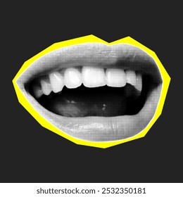 Halftone collage banner, paper cut smiling open mouth. Magazine sticker with neon yellow border, modern art, element for decor, poster. Textured element on dark background.