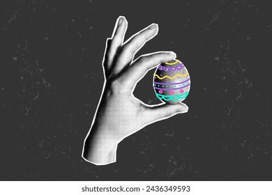 Halftone collage banner, paper element cut from magazine on dark textured background. A hand holds a multi-colored neon painted Easter egg. Line doodle, hand gesture.