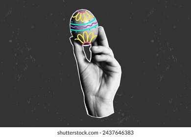 Halftone collage banner, paper element cut from magazine on dark textured background. A hand holds a bright multi-colored neon painted Easter egg. Line doodle, hand gesture.