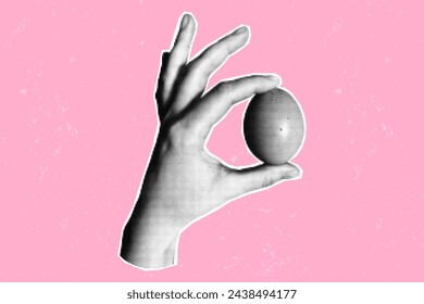 Halftone collage banner, paper element cut from magazine on pink pastel textured noisy background. Hand holding an egg, hand gesture.